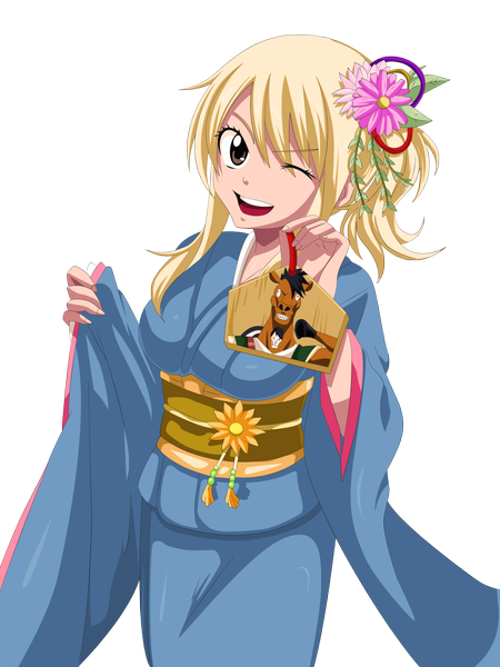 Anime picture 3000x4000 with fairy tail lucy heartfilia eikens single long hair tall image highres open mouth blonde hair smile brown eyes ponytail traditional clothes japanese clothes one eye closed hair flower wink coloring side ponytail transparent background
