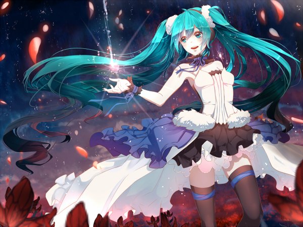 Anime picture 1300x975 with 7th dragon vocaloid hatsune miku phino (jinko0094) single blush open mouth twintails bare shoulders very long hair aqua eyes aqua hair girl thighhighs dress flower (flowers) black thighhighs petals frills headphones