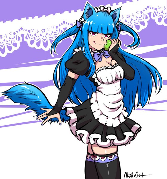 Anime picture 918x983 with akairiot single long hair tall image looking at viewer fringe smile red eyes animal ears blue hair tail animal tail maid girl thighhighs uniform black thighhighs tongue fruit apple