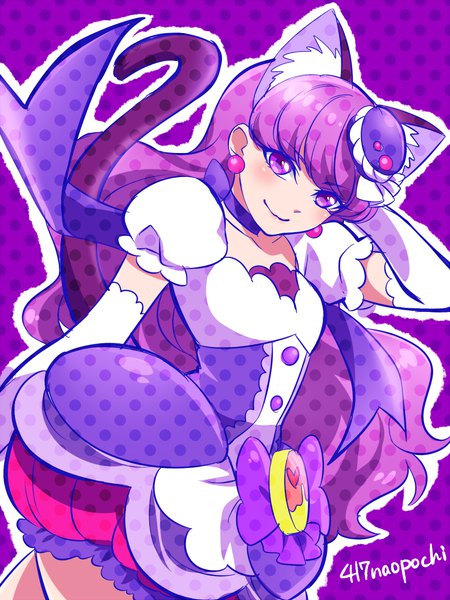 Anime picture 750x1000 with precure kirakira precure a la mode toei animation kotozume yukari cure macaron 0417nao long hair tall image looking at viewer simple background smile purple eyes animal ears purple hair tail animal tail cat ears short sleeves cat girl cat tail