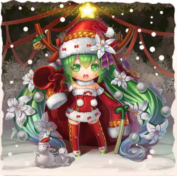 Anime picture 1006x996 with vocaloid hatsune miku kayi single long hair looking at viewer open mouth twintails green eyes horn (horns) green hair fur trim christmas merry christmas girl flower (flowers) hat detached sleeves fur bell