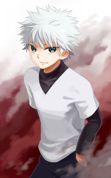 Anime picture 1500x2414 with hunter x hunter killua zaoldyeck komugi-yu (artist) single tall image looking at viewer short hair smile standing white hair black eyes hands in pockets boy