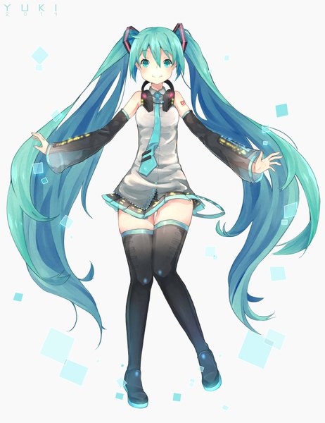 Anime picture 2780x3607 with vocaloid hatsune miku yuki-02 single tall image highres simple background white background twintails very long hair aqua eyes aqua hair girl thighhighs hair ornament detached sleeves necktie headphones