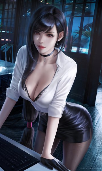Anime picture 3900x6500 with final fantasy final fantasy vii square enix tifa lockhart wickellia single long hair tall image looking at viewer fringe highres breasts light erotic black hair red eyes large breasts standing signed absurdres cleavage