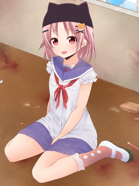 Anime picture 1200x1600 with gakkou gurashi! takeya yuki akky (akimi1127) single tall image looking at viewer blush fringe short hair sitting pink hair pink eyes wariza happy broken broken glass girl hair ornament hat window