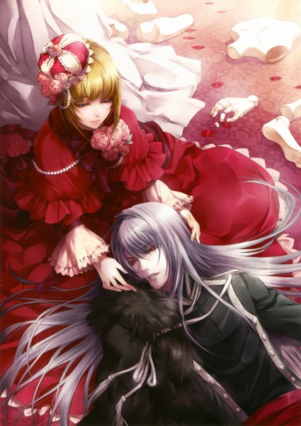 Anime picture 3942x5565 with will o' wisp (game) hanna ellington ignis (will o' wisp) long hair tall image fringe highres short hair blonde hair red eyes absurdres light smile grey hair couple gothic girl dress boy petals rose (roses)