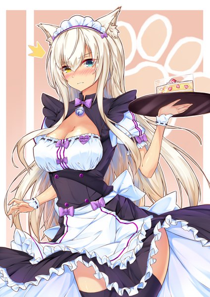 Anime picture 744x1052 with neko paradise neko works (studio) coconut (sayori) yitiao yuxian single long hair tall image looking at viewer blush breasts blue eyes light erotic blonde hair large breasts holding animal ears yellow eyes payot cat ears maid