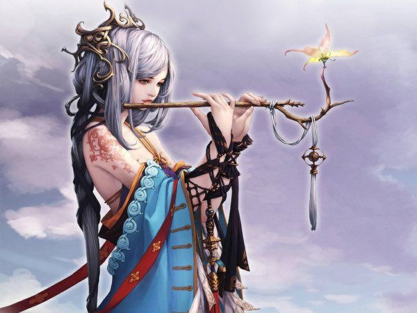 Anime picture 1024x768 with original tagme (artist) single fringe bare shoulders sky silver hair cloud (clouds) very long hair traditional clothes profile lips realistic tattoo girl hair ornament flower (flowers) ribbon (ribbons) branch
