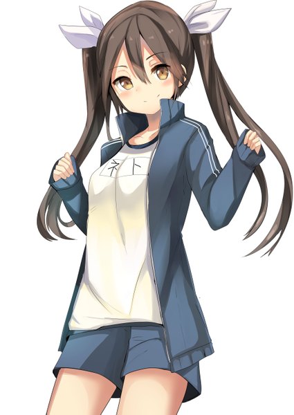 Anime picture 2006x2833 with kantai collection tone heavy cruiser haik single long hair tall image looking at viewer blush highres simple background smile brown hair white background twintails brown eyes girl ribbon (ribbons) hair ribbon shorts track jacket