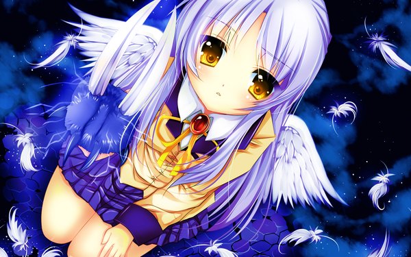 Anime picture 1920x1200 with angel beats! key (studio) tachibana kanade single long hair highres wide image brown eyes cloud (clouds) white hair night sky kneeling angel wings girl uniform weapon school uniform star (stars) feather (feathers)