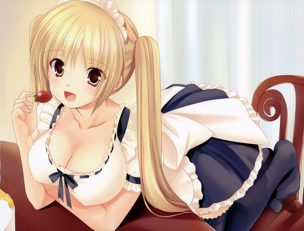 Anime picture 4581x3482 with original azuma yuki single long hair blush highres breasts open mouth light erotic blonde hair large breasts twintails brown eyes absurdres maid girl food headdress maid headdress berry (berries)
