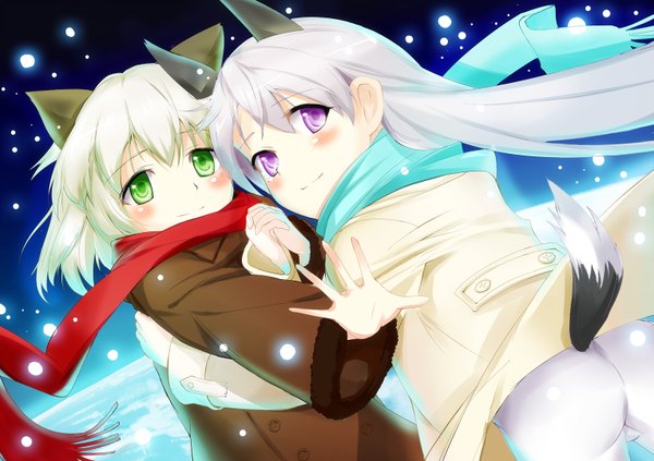 Anime picture 1529x1080 with strike witches sanya v. litvyak eila ilmatar juutilainen satou tomohiro long hair blush short hair light erotic blonde hair purple eyes multiple girls green eyes animal ears white hair animal tail girl 2 girls scarf coat