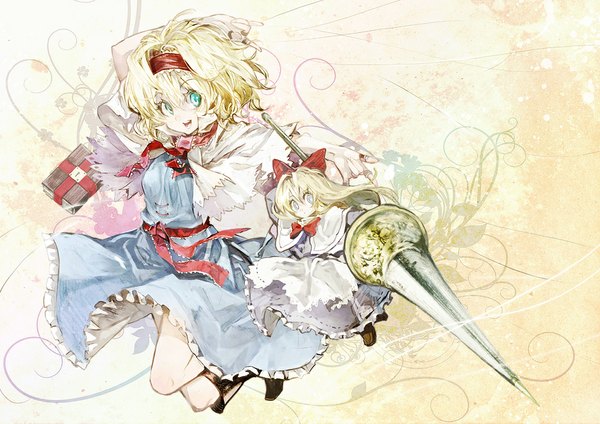 Anime picture 1013x716 with touhou alice margatroid shanghai banpai akira long hair short hair blue eyes blonde hair aqua eyes girl dress bow weapon hair bow hairband book (books) spear doll (dolls) thread