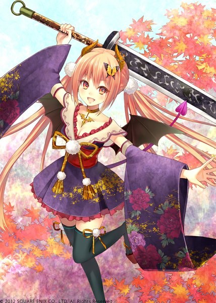 Anime picture 714x1000 with million arthur (series) kaku-san-sei million arthur square enix fukahire (ruinon) single long hair tall image blush open mouth blonde hair twintails horn (horns) orange eyes girl thighhighs dress hair ornament weapon black thighhighs detached sleeves