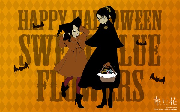 Anime picture 1680x1050 with aoi hana okudaira akira manjoume fumi shimura takako open mouth smile wide image multiple girls full body ponytail :d official art high heels copyright name halloween rhombus orange background happy halloween girl 2 girls