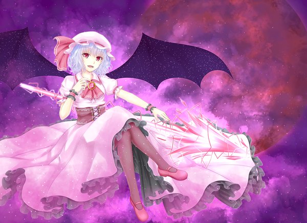 Anime picture 1374x1000 with touhou remilia scarlet primamiya single short hair open mouth red eyes white hair crossed legs girl dress weapon wings shoes frills bonnet spear spear the gungnir