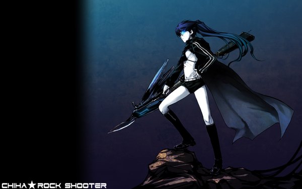 Anime picture 1920x1200 with black rock shooter black rock shooter (character) long hair highres blue eyes black hair wide image twintails girl boots