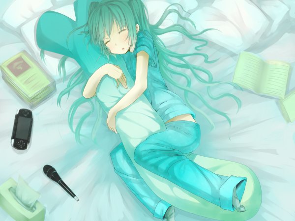 Anime picture 1200x900 with vocaloid hatsune miku shiro shougun single long hair aqua hair sleeping girl pillow book (books) microphone psp