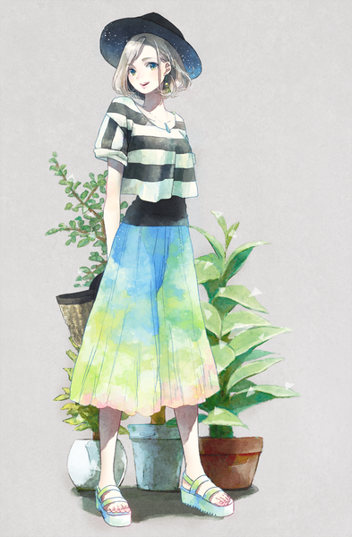 Anime picture 984x1500 with original cako asida single tall image looking at viewer short hair simple background blonde hair green eyes full body grey background hands behind back summer casual starry sky print fashion sky print girl skirt plant (plants)