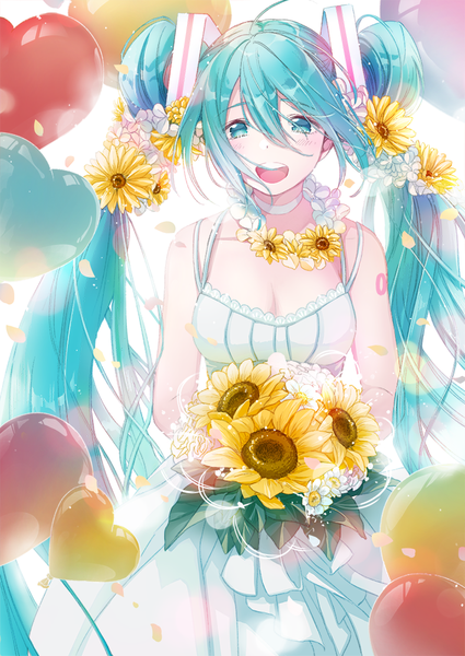 Anime picture 708x1000 with vocaloid hatsune miku cako asida single tall image looking at viewer fringe open mouth hair between eyes twintails bare shoulders cleavage very long hair :d hair flower aqua eyes wind aqua hair alternate costume alternate breast size