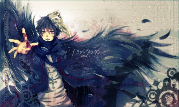 Anime picture 1680x1000 with guilty crown production i.g ouma shu saito yukihiro single short hair black hair red eyes wide image outstretched arm mask on head boy scarf blood feather (feathers) mask cross beads prayer beads rosary