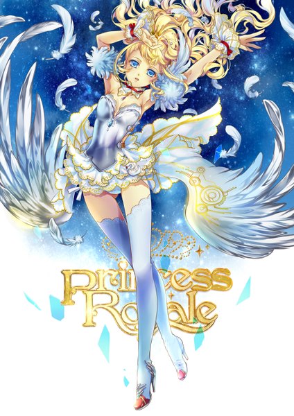 Anime picture 1000x1414 with princess royale kingchenxi single long hair tall image looking at viewer blue eyes blonde hair wavy hair girl thighhighs dress hair ornament white thighhighs wings frills feather (feathers)