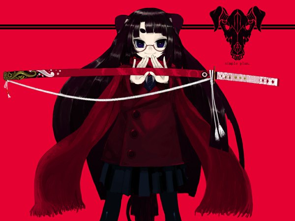 Anime picture 1024x768 with original enchi single looking at viewer fringe black hair simple background smile very long hair black eyes wallpaper red background girl uniform weapon school uniform sword glasses scarf katana