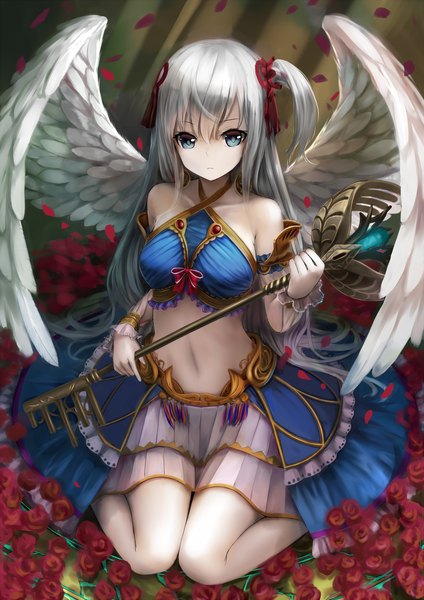 Anime picture 1100x1555 with original kachayori single long hair tall image blue eyes white hair one side up girl skirt navel flower (flowers) petals wings key