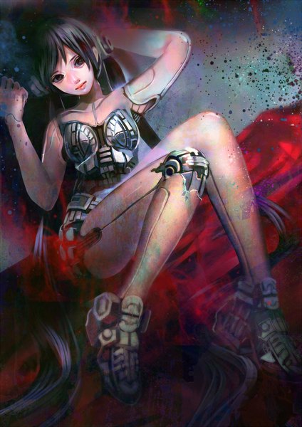 Anime picture 723x1023 with original tknk15 single long hair tall image black hair sitting bare shoulders looking away black eyes bare legs bare belly mechanical girl robot