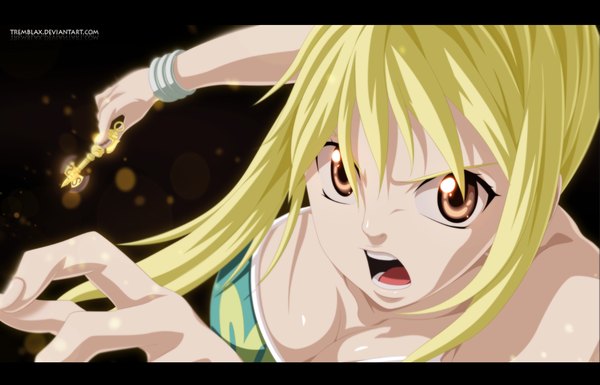 Anime picture 1561x1002 with fairy tail lucy heartfilia tremblax single long hair breasts open mouth light erotic blonde hair large breasts brown eyes coloring letterboxed angry girl bracelet key