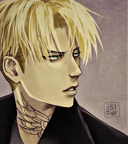 Anime picture 800x900 with shingeki no kyojin production i.g levi (rivaille) bev-nap single tall image short hair blonde hair simple background looking away upper body parted lips profile lips inscription grey background grey eyes tattoo alternate costume watermark