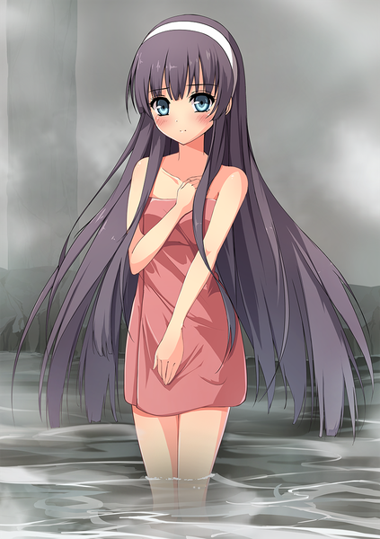 Anime picture 885x1254 with original riburanomind single long hair tall image looking at viewer blush blue eyes light erotic black hair partially submerged naked towel girl headband towel