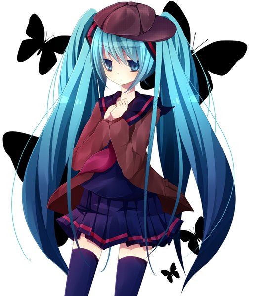 Anime picture 1000x1170 with vocaloid hatsune miku single tall image blue eyes twintails blue hair very long hair girl thighhighs skirt black thighhighs miniskirt serafuku flat cap