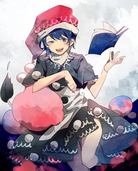 Anime picture 2000x2480 with touhou doremy sweet aibivy single tall image looking at viewer highres short hair open mouth blue eyes blue hair tail animal tail girl dress hat book (books) pom pom (clothes)