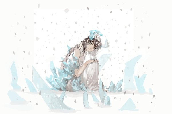 Anime picture 1000x663 with original sime (echo) long hair blue eyes brown hair white background sitting bare shoulders horn (horns) leg hug curly hair girl dress white dress collar crown ice