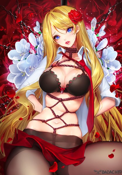 Anime picture 600x858 with dadachyo single tall image looking at viewer blush fringe breasts blue eyes light erotic blonde hair sitting signed very long hair head tilt hair flower lips open clothes midriff open shirt lipstick