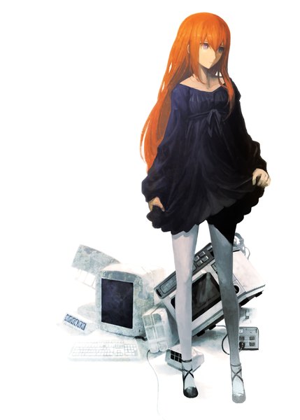 Anime picture 2390x3339 with steins;gate white fox makise kurisu huke single long hair tall image fringe highres blue eyes simple background standing white background holding looking away orange hair shadow girl dress ribbon (ribbons)