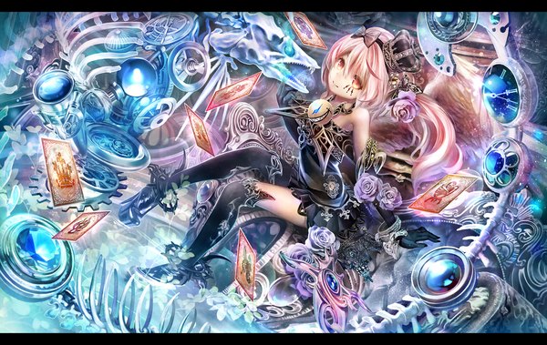 Anime picture 1500x948 with original torino aqua single long hair looking at viewer sitting bare shoulders pink hair pink eyes light smile letterboxed girl thighhighs dress gloves hair ornament flower (flowers) black thighhighs black gloves elbow gloves