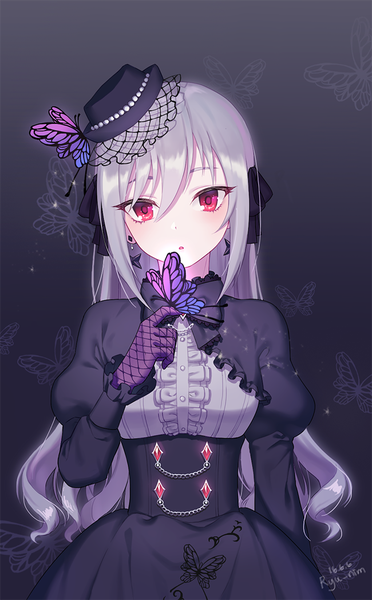 Anime picture 650x1048 with idolmaster idolmaster cinderella girls idolmaster cinderella girls starlight stage kanzaki ranko ryu nim single long hair tall image looking at viewer blush fringe open mouth simple background hair between eyes red eyes signed silver hair upper body long sleeves head tilt