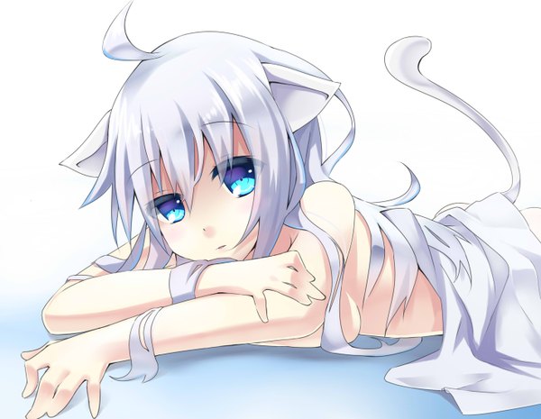 Anime picture 2843x2208 with original makadamia single long hair looking at viewer blush highres breasts light erotic bare shoulders animal ears white hair tail animal tail aqua eyes nude cat ears cat girl cat tail on stomach
