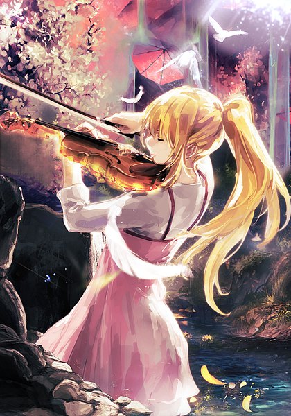 Anime picture 700x1000 with shigatsu wa kimi no uso a-1 pictures miyazono kaori chocobo974 single long hair tall image fringe blonde hair standing holding payot ponytail eyes closed light smile sunlight back river playing instrument girl