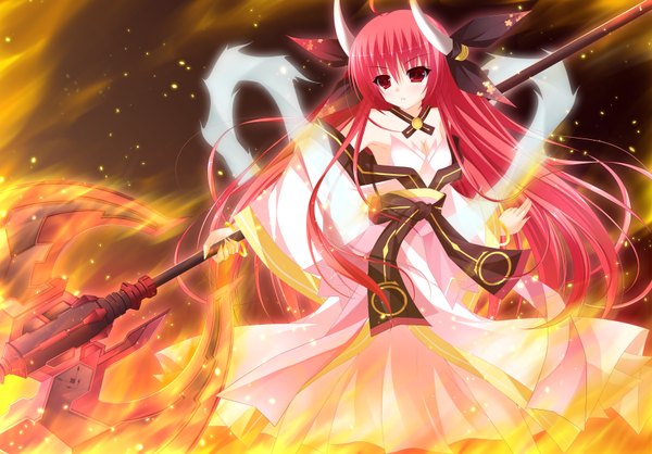 Anime picture 1720x1200 with date a live itsuka kotori yunagi amane single long hair looking at viewer highres red eyes pink hair horn (horns) girl dress weapon fire