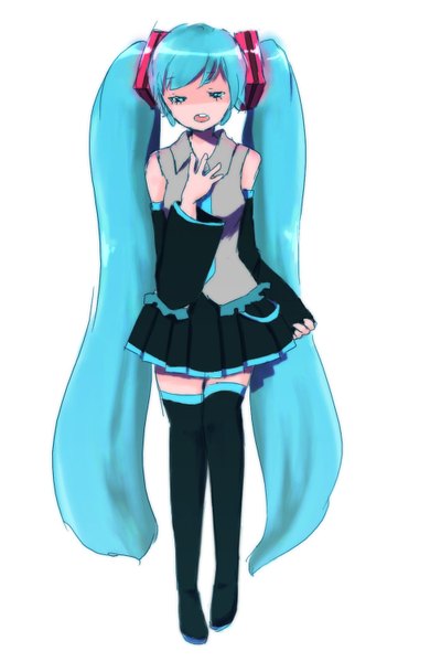 Anime picture 1000x1500 with vocaloid hatsune miku keyaki (artist) single tall image open mouth simple background white background bare shoulders eyes closed very long hair aqua hair singing girl detached sleeves boots thigh boots