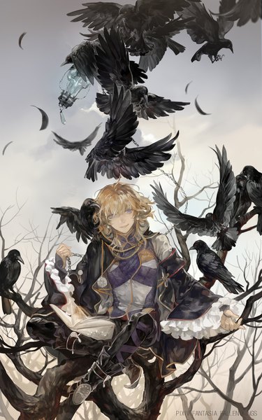 Anime picture 1100x1757 with original pixiv fantasia pixiv fantasia fallen kings noir (ibaraki) single long hair tall image looking at viewer blonde hair sitting grey eyes tree sitting girl earrings animal boots bird (birds) book (books) chain feather (feathers)