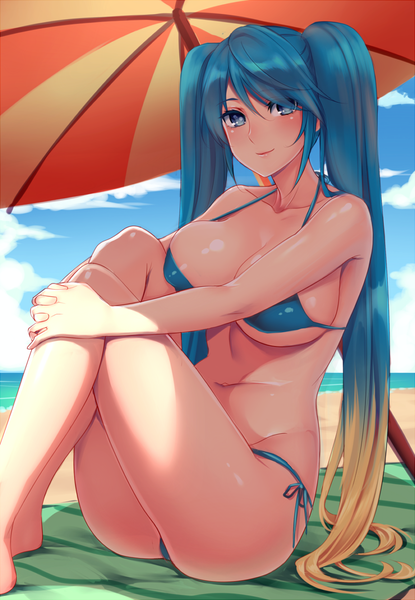 Anime picture 809x1169 with league of legends sona buvelle spichis single tall image looking at viewer blush fringe breasts blue eyes light erotic blonde hair smile large breasts sitting twintails bare shoulders blue hair sky cloud (clouds)