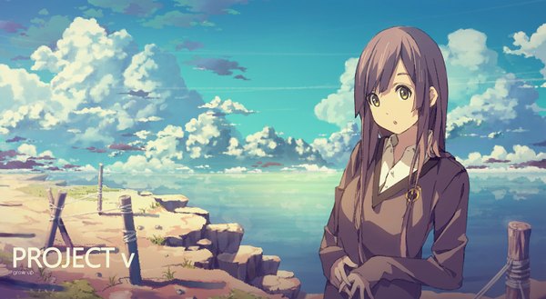 Anime picture 1400x768 with original yohan12 single long hair looking at viewer fringe brown hair wide image yellow eyes sky cloud (clouds) upper body parted lips sleeves past wrists horizon open collar girl uniform school uniform sea