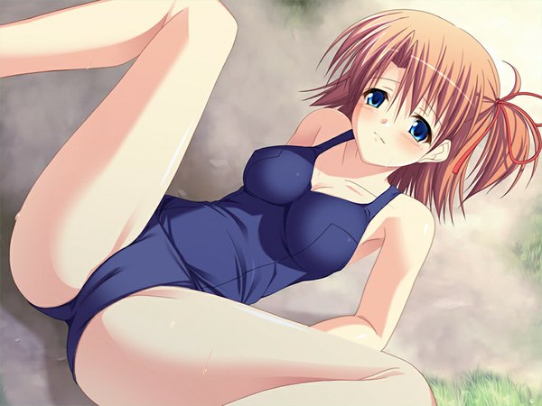 Anime picture 1024x768 with hsk (game) short hair blue eyes light erotic brown hair game cg girl swimsuit one-piece swimsuit school swimsuit