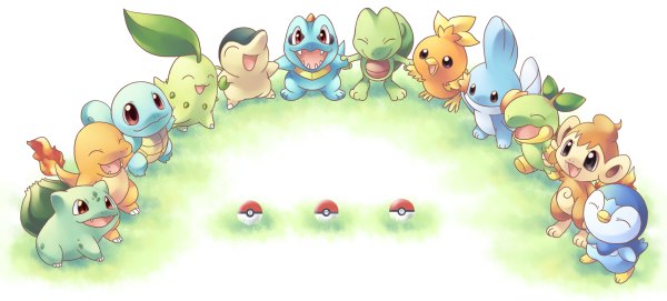 Anime picture 1200x542 with pokemon pokemon rse nintendo piplup bulbasaur mudkip torchic cyndaquil charmander squirtle treecko chikorita turtwig totodile chimchar matsumoto ibui open mouth wide image eyes closed group