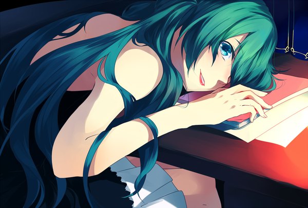 Anime picture 1563x1056 with vocaloid hatsune miku hiroimu single long hair looking at viewer blush fringe open mouth smile sitting twintails bare shoulders looking back aqua eyes lips hair over one eye aqua hair teeth turning head