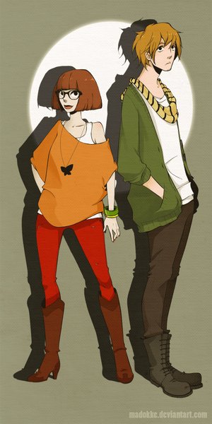 Anime picture 900x1800 with scooby-doo original velma dinkley (scooby-doo) shaggy rogers nebeskaa tall image fringe short hair simple background blonde hair brown hair standing bare shoulders nail polish lips shadow couple striped hands in pockets girl